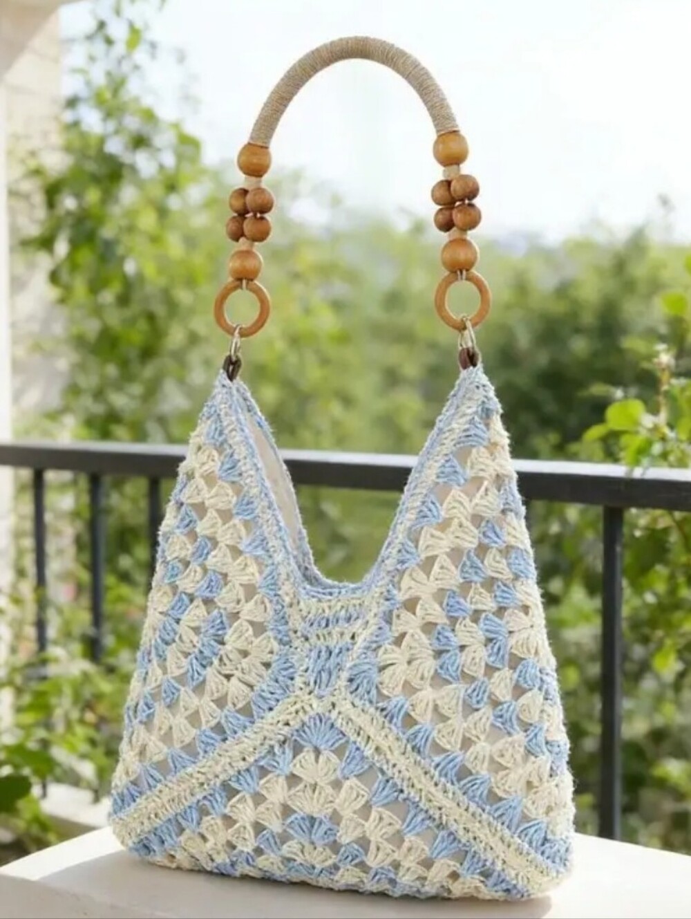 NEW! Woven Straw Summer Boho Bag Baby Blue And Cream